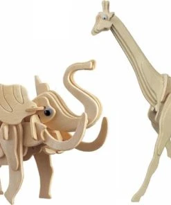 Merkloos Houten 3D Savanne Dieren Puzzel Set Giraffe En Olifant - Speelgoed Bouwpakketten