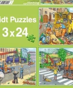 Schmidt Puzzel Vuilniswagen, Sleepwagen, Schoonmaakauto - 3 X 24 Stukjes - 3+