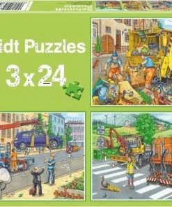 Schmidt Puzzel Vuilniswagen, Sleepwagen, Schoonmaakauto - 3 X 24 Stukjes - 3+ -Goedkope puzzels winkel 550x405 1