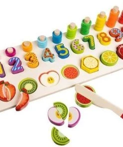 Ariko Educatief Houten 4-in-1 Cijfer En Fruit Puzzel + Getallen Rekenpuzzel + Vormenpuzzel + Kleuren – Tellen En Stapelen – Early Education Toy