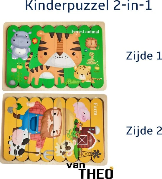 Van Theo Houten Puzzel - Dubbelzijdige Kinderpuzzels - Set 2-in-1 - Montessori Speelgoed - Set Jungle Dieren En Boerderij 1 Van Theo Houten Puzzel - Dubbelzijdige Kinderpuzzels - Set 2-in-1 - Montessori Speelgoed - Set Jungle Dieren En Boerderij