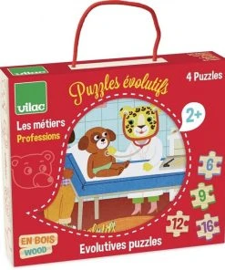 Vilac - 4 Houten Puzzels Beroepen - 6, 9 ,12 En 16 Puzzelstukken