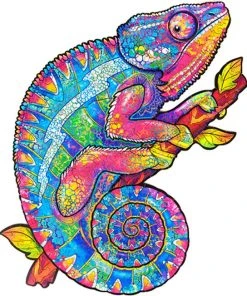 UNIDRAGON Houten Puzzel Dier - Regenboogkleurige Kameleon - 202 Stukjes - Medium 26x33 Cm