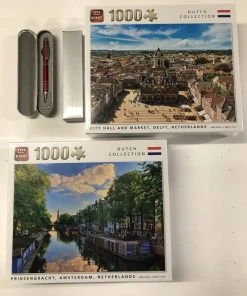 King International King - Legpuzzels Dutch Collection - City Hall And Market, Delft Netherlands + Prinsengracht, Amsterdam, Netherlands (2 X 1000 Stuks) | 68 X 49 Cm | Inclusief Unieke En Praktische Rode, Blauw Schrijvende Laserbalpen In Luxe Opbergbox.